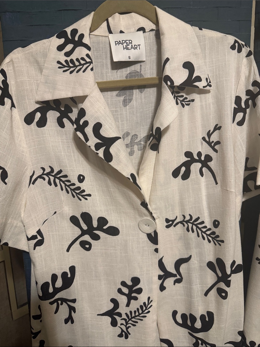 White Short-Sleeve Button Shirt with Black Botanical Print